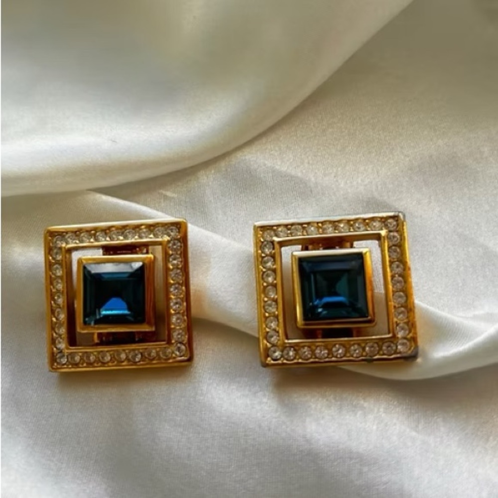 Vintage Christian Dior Gold and Blue Square clip on Earrings